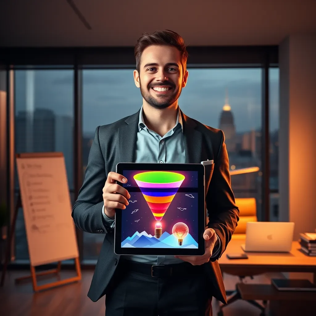 Generate a photorealistic, 8K resolution image for a landing page that embodies the power of sales funnels. The image should feature a modern, sleek office setting with large windows overlooking a cityscape. A confident, successful entrepreneur stands in the foreground, holding a tablet displaying a sales funnel visualization. The funnel should be glowing with vibrant, dynamic colors, symbolizing growth and momentum. The entrepreneur should be dressed in professional attire, with a warm and approachable demeanor, radiating confidence and success. The lighting should be warm and inviting, casting soft shadows on the walls and furniture. The overall mood should be positive, energetic, and inspiring, reflecting the potential for growth and success through sales funnels. The background should include subtle elements like a whiteboard with strategic notes, a bookshelf with business books, and a stylish desk with a modern laptop and a phone. The image should capture the essence of a thriving business, showcasing the efficiency and effectiveness of using sales funnels to drive conversions and achieve ambitious goals.  Use a cinematic camera angle, capturing the entrepreneur from the waist up, emphasizing the power and clarity of their message. The image should be highly detailed, showcasing realistic textures and materials, such as the smooth surface of the tablet, the soft leather of the chair, and the crisp pages of the business books., ultra high resolution, photorealistic, 8K, hyperdetailed, cinematic lighting
